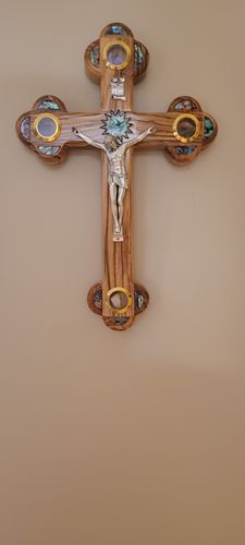 Customer photo review of Olive Wood Crucifix (Partially covered with Mother of Pearl) - Holy Land Crucifixes