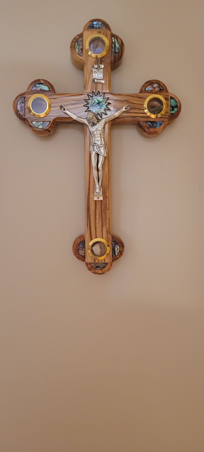 Customer photo review of Olive Wood Crucifix (Partially covered with Mother of Pearl) - Holy Land Crucifixes