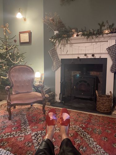 Customer photo review of Not Just Pajama | Women Classic Handmade Velvet Slippers - Vintage Red-Orange