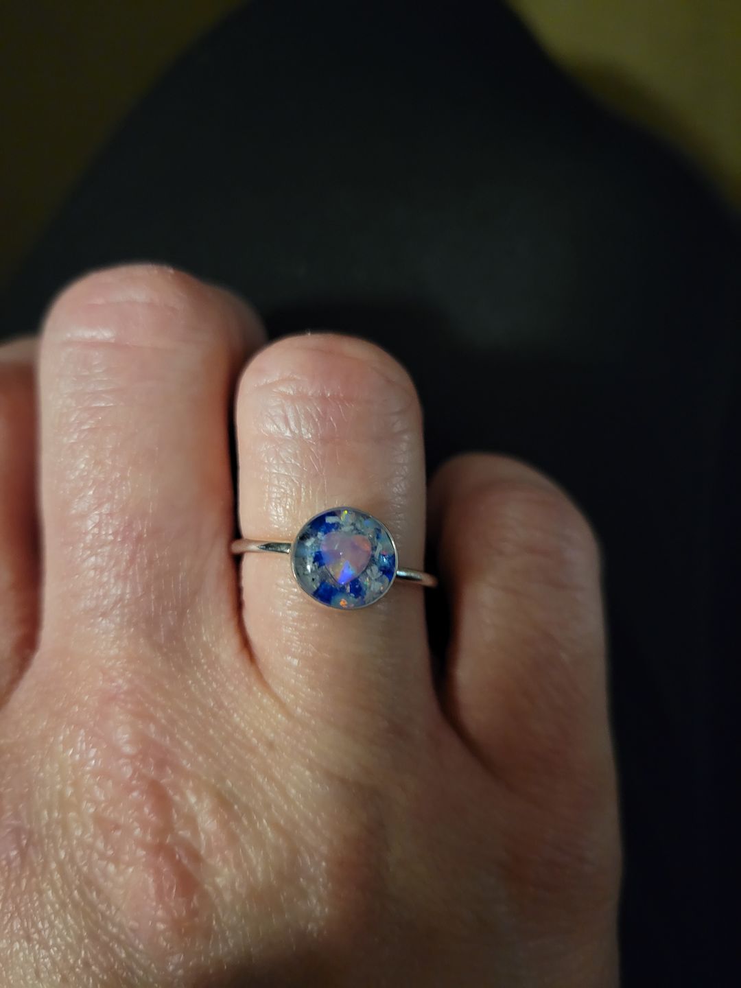 Customer photo review of Opal Heart Ring with Cremation Ashes