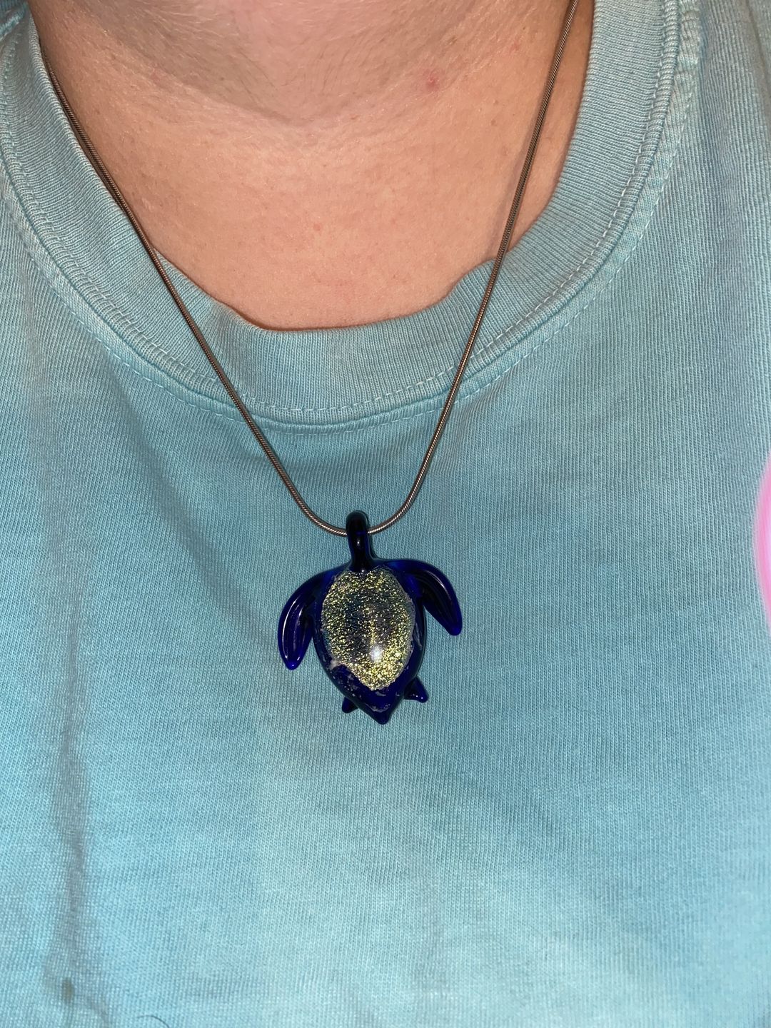 Customer photo review of Dichroic Turtle Pendant with Infused Cremation Ashes