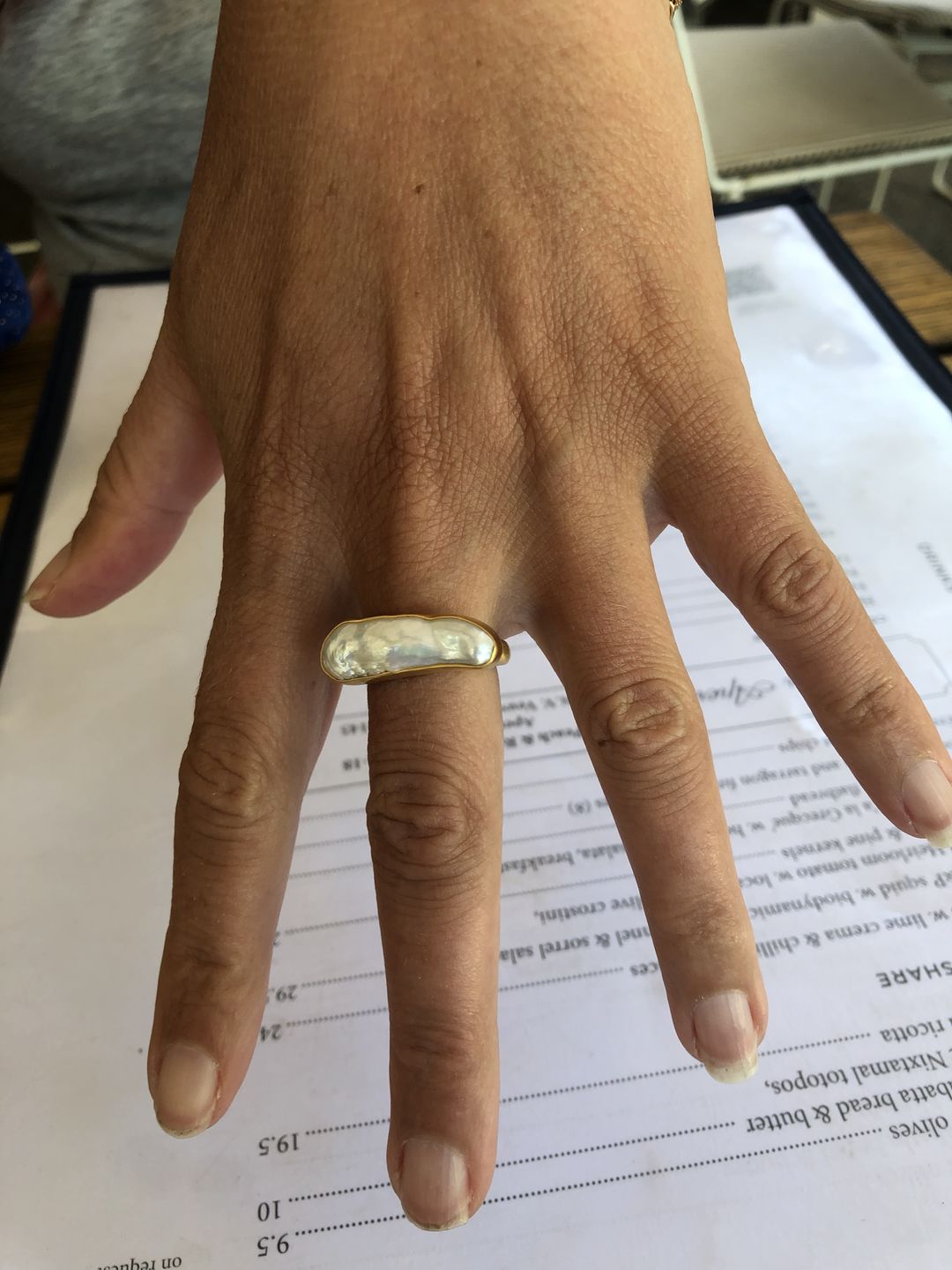Customer photo review of PEARL BAR RING - GOLD