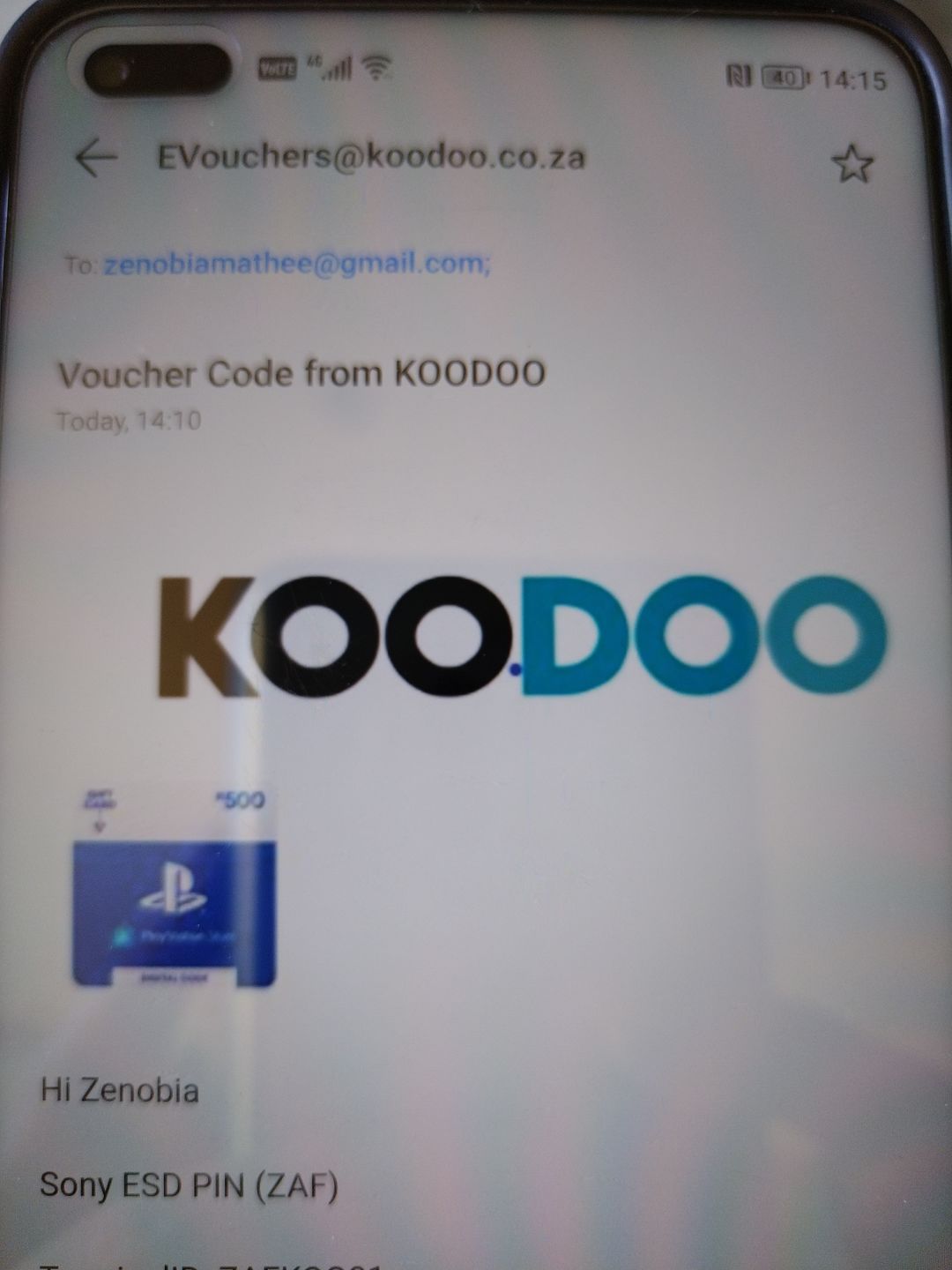 Customer photo review of PSN R500 Voucher. Digital code will be emailed