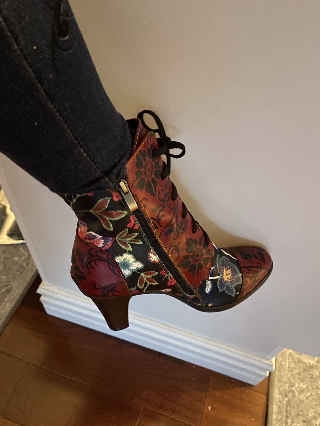 Customer photo review of Leather Hand Embossed Adjustable High Heel Boots