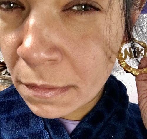 Customer photo review of Bamboo Cursive Name Earrings