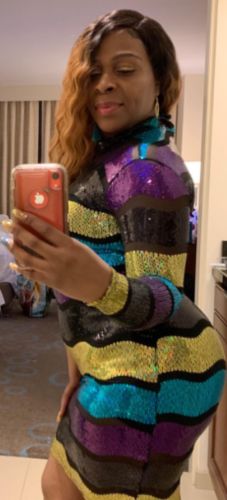 Customer photo review of Sequined Colorful See-Through High Neck Mini Dress