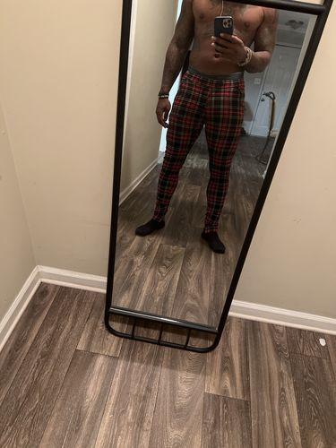 Customer photo review of Size Up Royal Red Plaid Tri-Stretch Pants