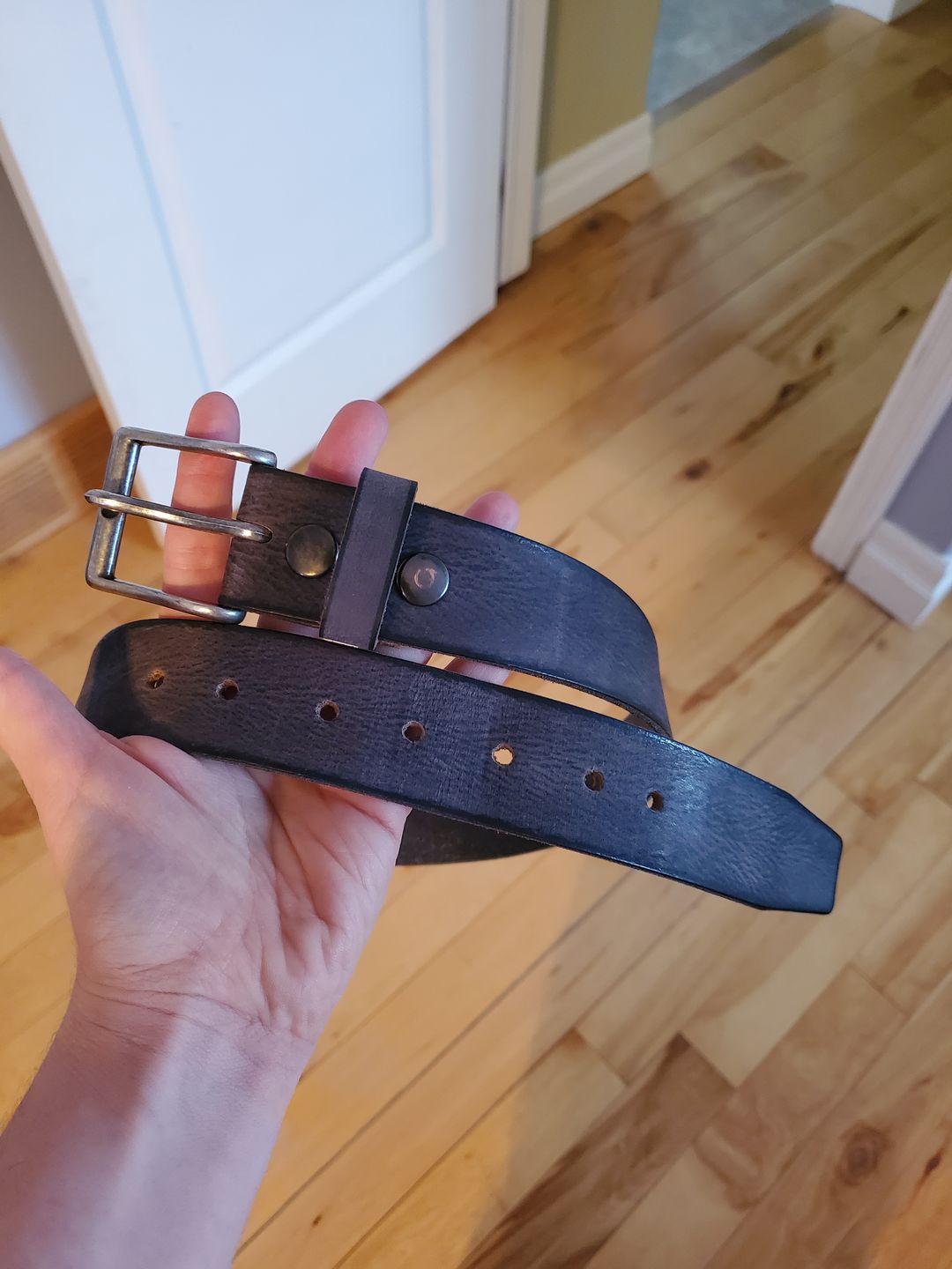 Customer photo review of The Mountain Belt - Grey Leather Belt with Charred Edges