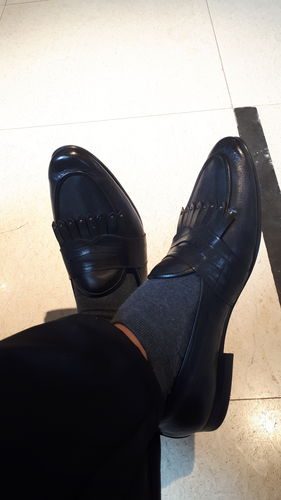Customer photo review of Belgian Loafer - Black Grey Phyton Penny Strap with Studded Fringe (Hand Painted Patina)