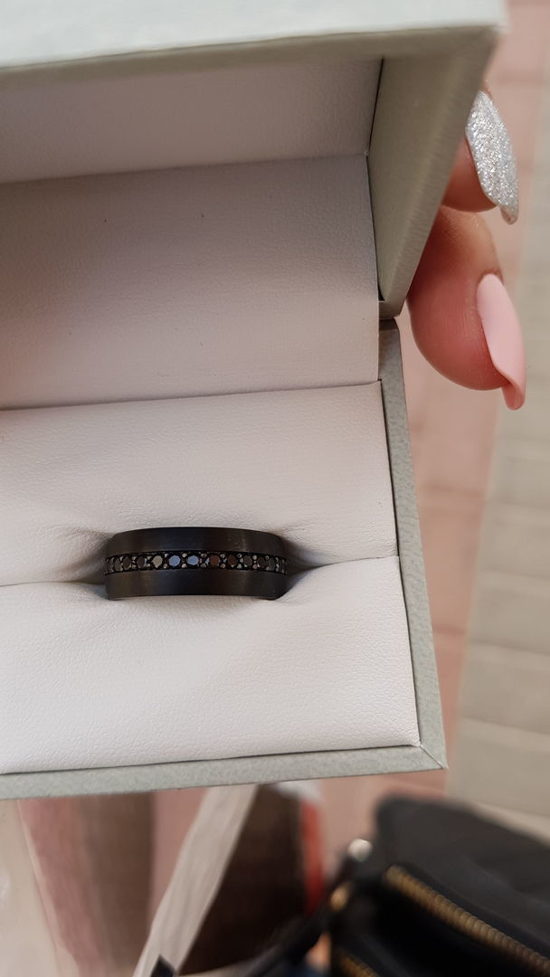 Customer photo review of 8mm Black Tungsten Wedding Band with Black Sapphires