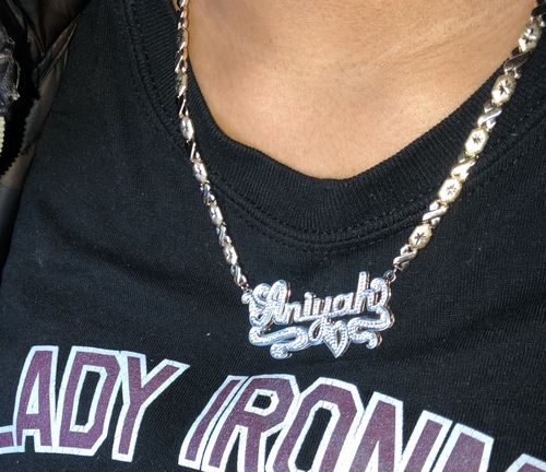 Customer photo review of Double Plated Heart Name Necklace with Hugs and Kisses Chain