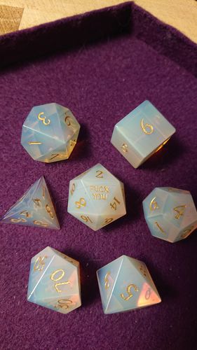 Customer photo review of Opalite Gemstone DnD Dice Set F*ck Me F*ck You Dice