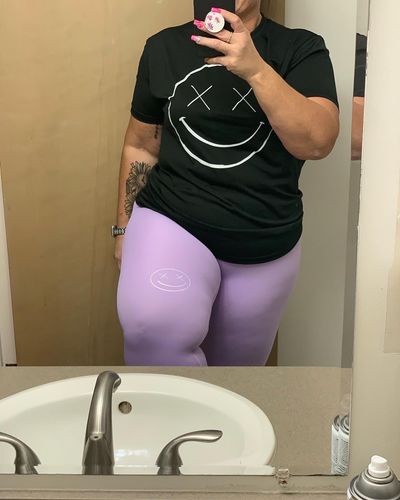 Customer photo review of Salty Savage™ Ladies Knee Logo Mid Rise Performance 7/8th Leggings | Purple