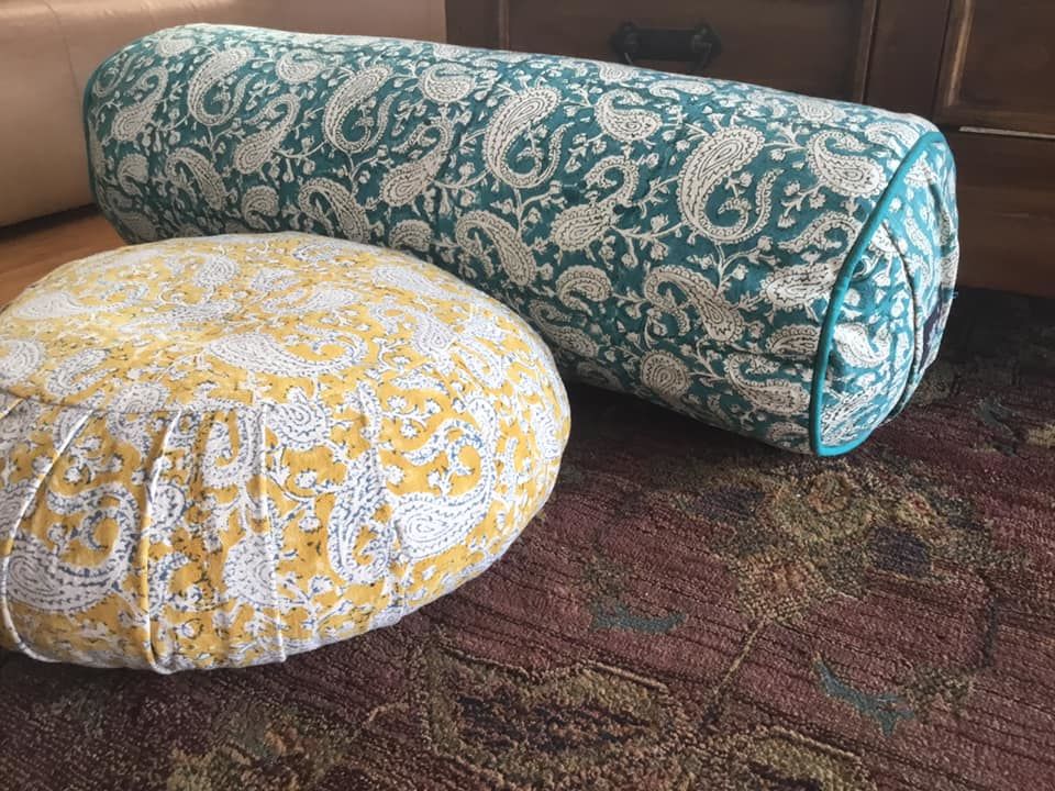 Customer photo review of Teal Paisley Round Yoga Bolster - Teal piping
