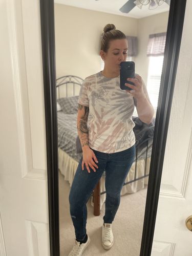 Customer photo review of Salty Savage™ Ladies Peace Skeleton Crew Tee Shirt | Mauve/Gray Tie Dye