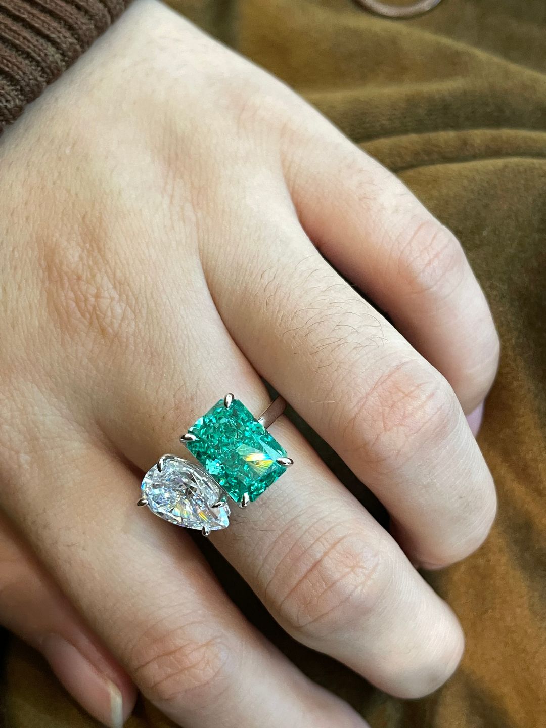Customer photo review of Louily Unique Double Stones Design Radiant & Pear Cut Engagement Ring In Sterling Silver