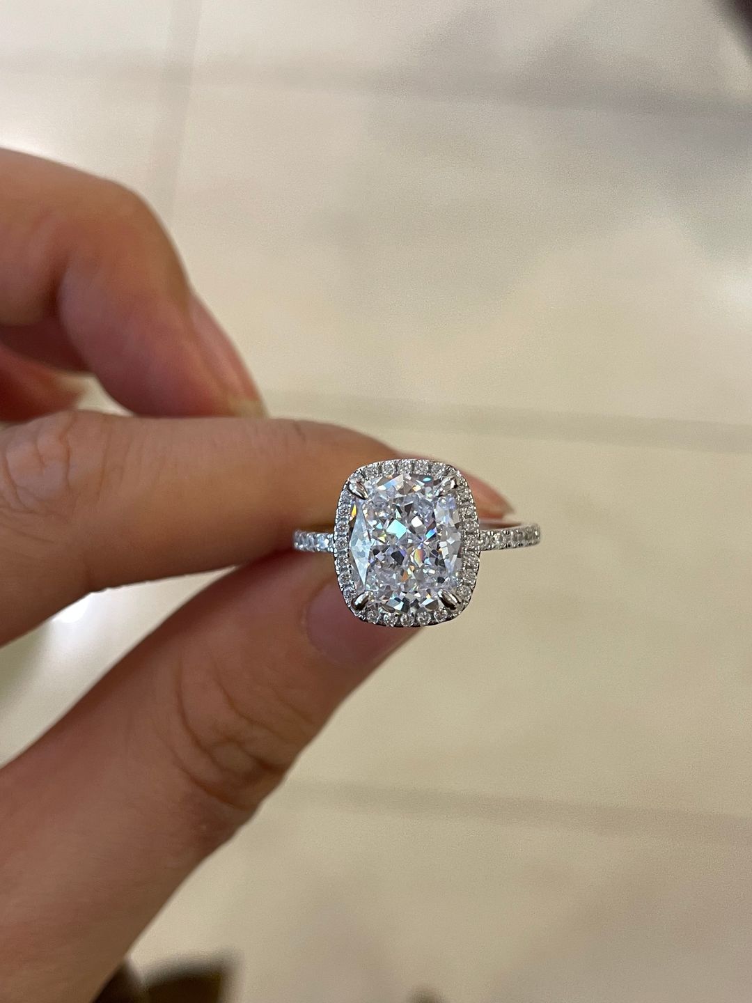 Customer photo review of Louily Luxurious Halo Cushion Cut Simulated Diamond Engagement Ring In Sterling Silver