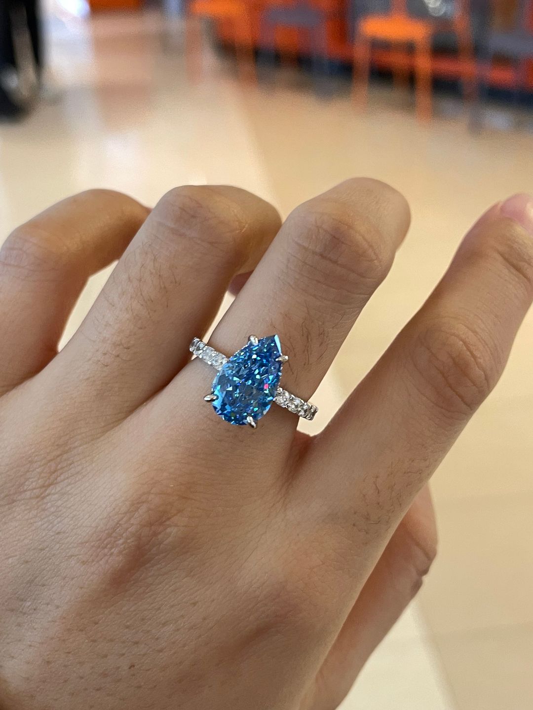 Customer photo review of Louily Unique 3.0 Carat Pear Cut Blue Sapphire Engagement Ring In Sterling Silver