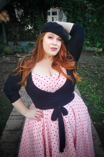 Customer photo review of Maneater Swing Dress in Rose Pink Polka Dot - Vixen by Micheline Pitt