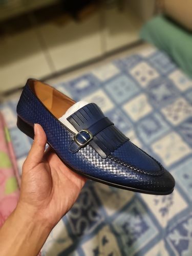 Customer photo review of Fringe Kiltie Loafer - Electric Blue Woven Leather with Side Buckle (Hand Painted Patina)