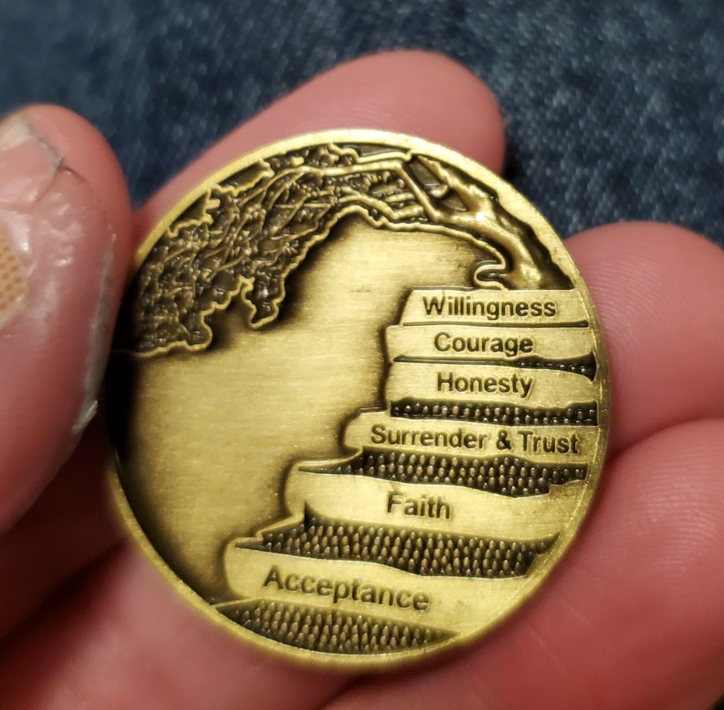 Customer photo review of Wisdom Tree 12 Steps/Principles AA Bronze Recovery Medallion