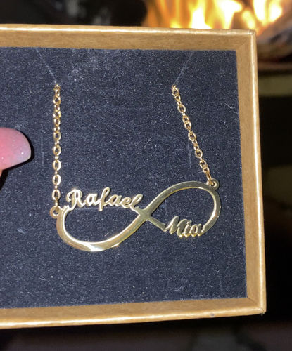 Customer photo review of Custom Infinite Name Necklace in 18K Gold Plating