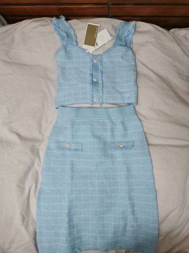 Customer photo review of Raw Hem Plaid Faux Pearl Detail Knit Skirt
