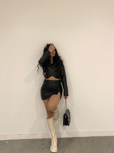 Customer photo review of Cross Hem Tie Back Crop Leather Jacket