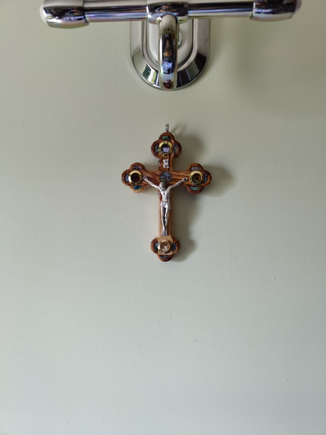 Customer photo review of Olive Wood Crucifix (Partially covered with Mother of Pearl) - Holy Land Crucifixes