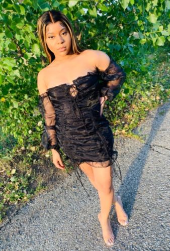 Customer photo review of Black Patchwork Elegant Lace-Up Off Shoulder Mini Dress