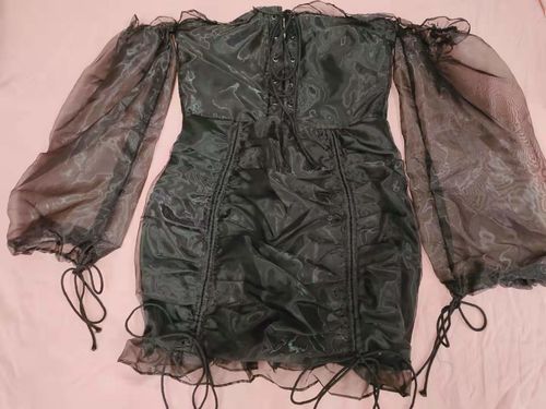 Customer photo review of Black Patchwork Elegant Lace-Up Off Shoulder Mini Dress