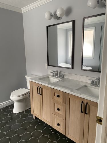 Customer photo review of Bridgeport 60" White Oak Bathroom Vanity, Double Sink