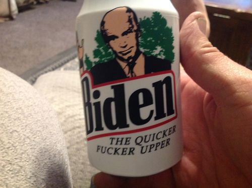 Customer photo review of "Biden The Quicker Fucker Upper" Beersy Silicone Sleeve Hide-a-Beer Can Cooler