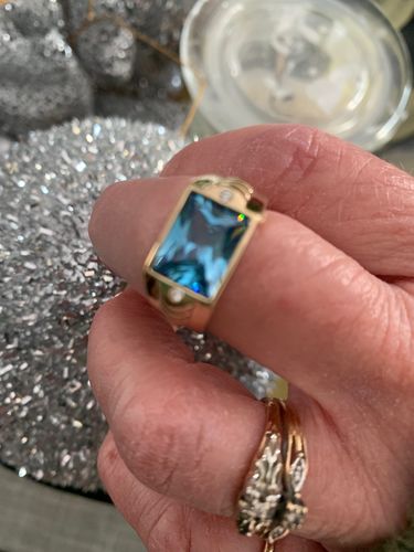 Customer photo review of Men's Ring in 14K SOLID Yellow Gold with Blue Topaz and Diamond Accents