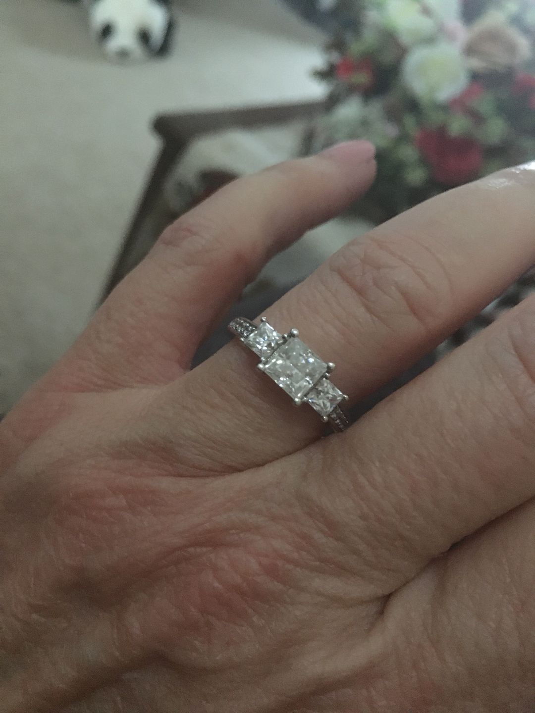 Customer photo review of Three Stone Princess Cut Moissanite Pavé Set Engagement Ring