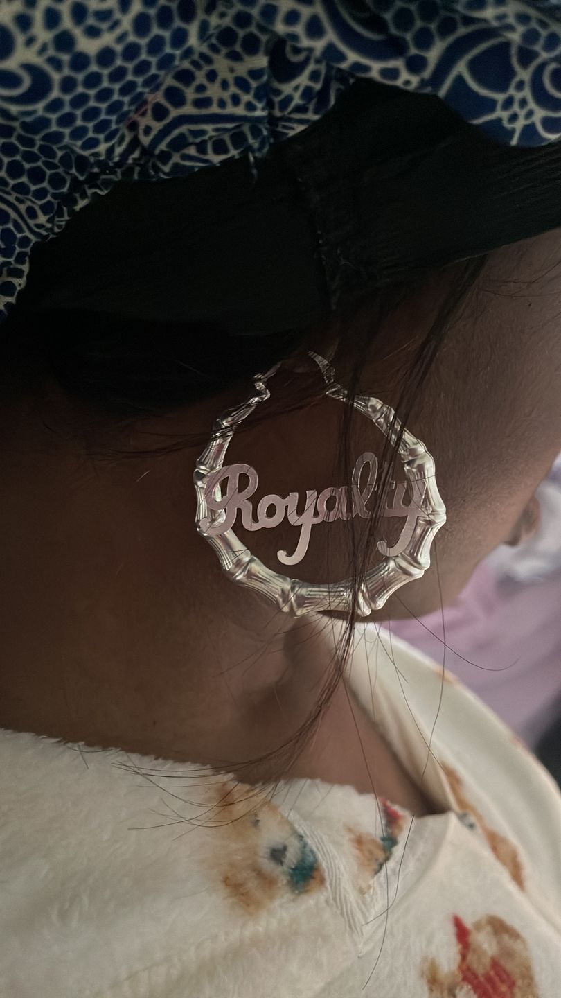 Customer photo review of 2" Bamboo Name Earrings