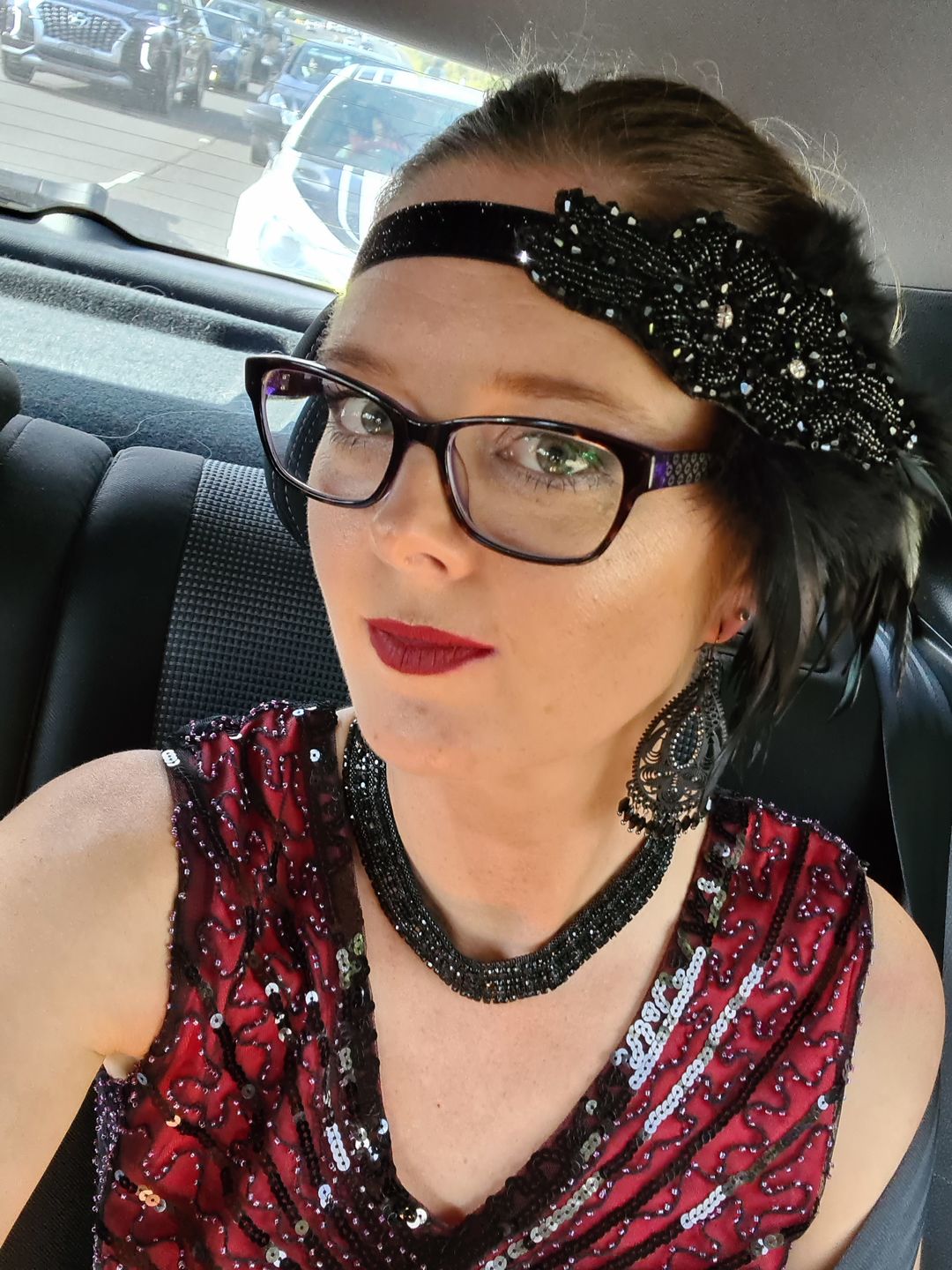 Customer photo review of 1920s Black Beaded Rhinestone & Feather Headband