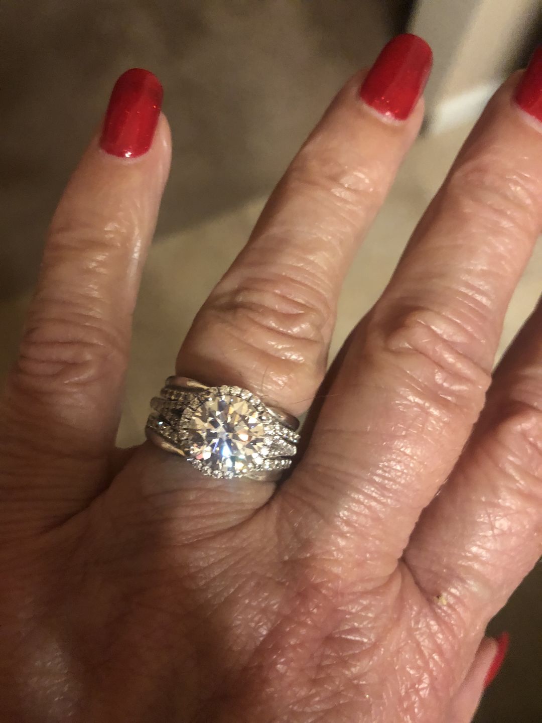 Customer photo review of Round Moissanite Split Shank Halo Pave Sterling Silver Wedding Ring