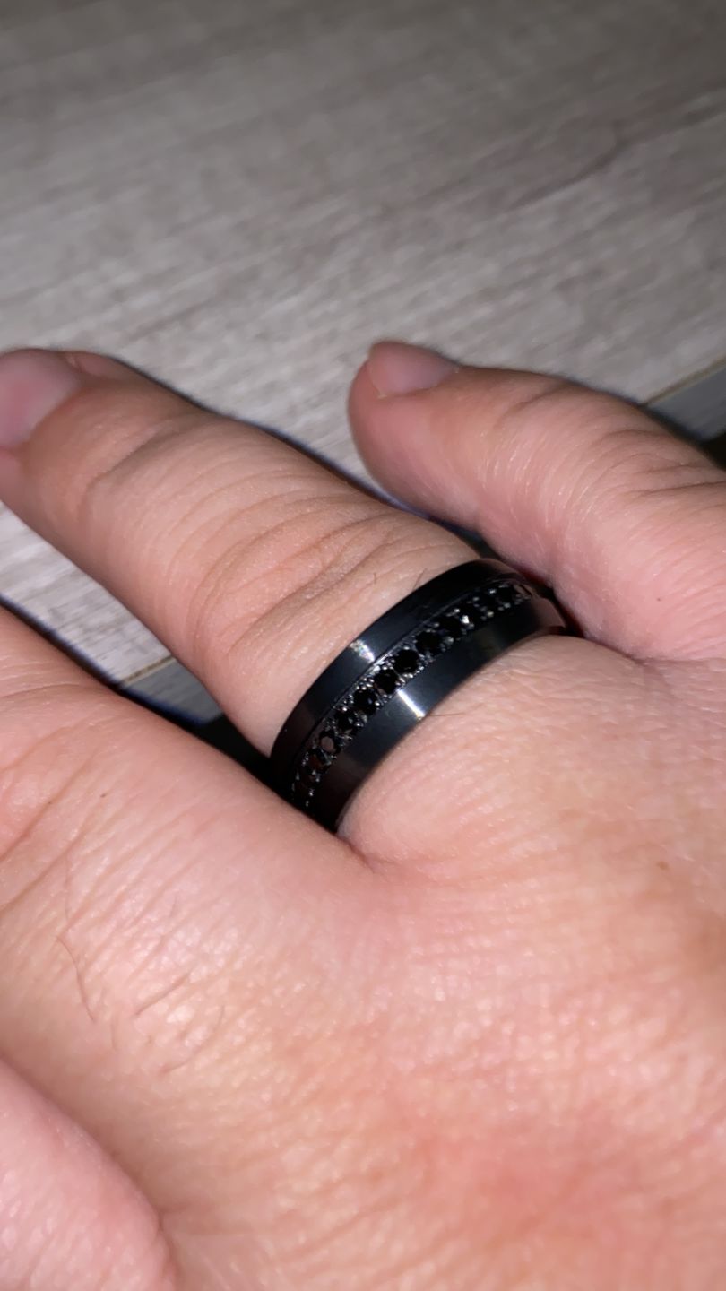 Customer photo review of 8mm Black Tungsten Wedding Band with Black Sapphires