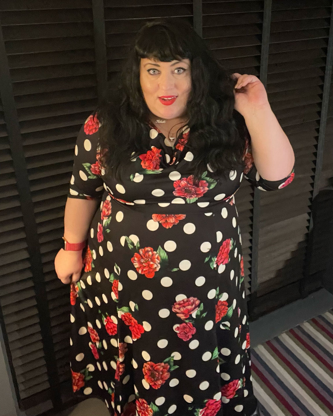 Customer photo review of Black Cream Red Cowl Neck '1940s' Dress