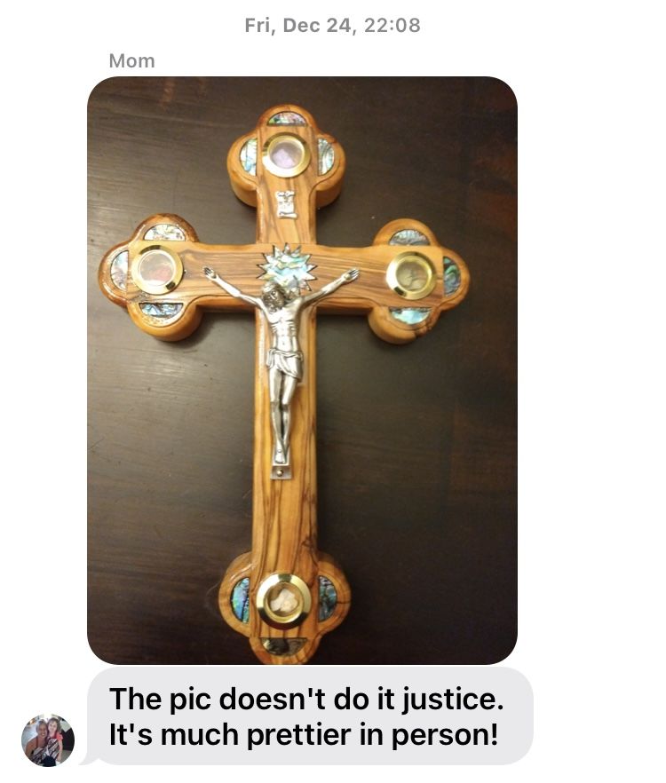 Customer photo review of Olive Wood Crucifix (Partially covered with Mother of Pearl) - Holy Land Crucifixes
