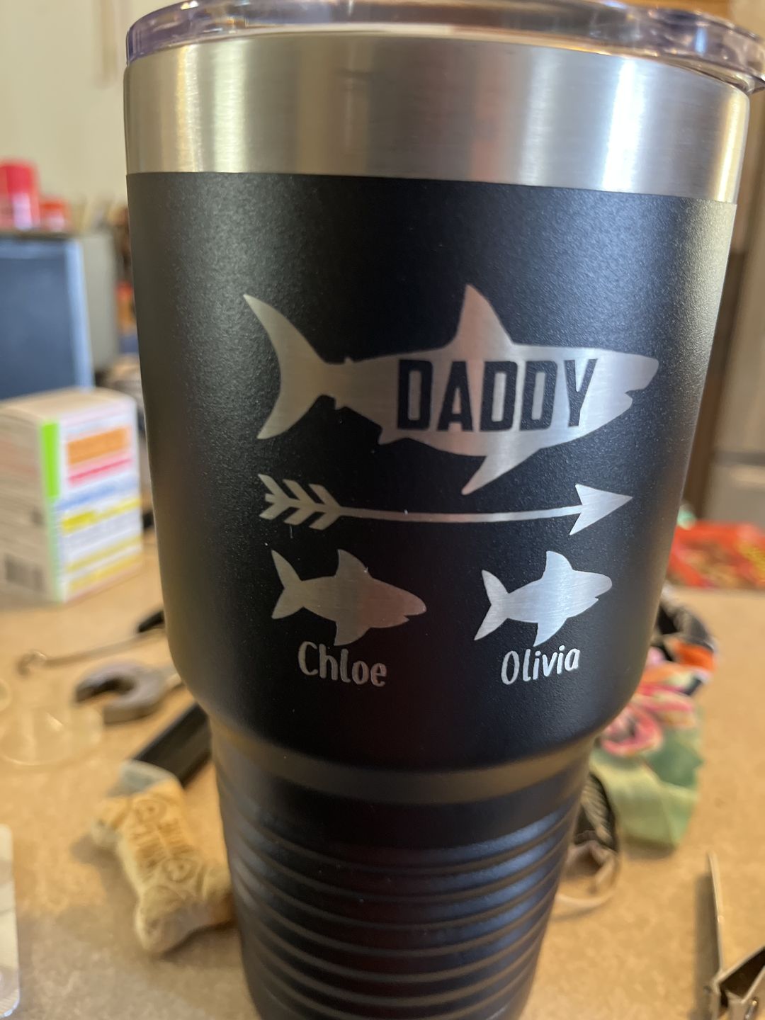 Customer photo review of Daddy Shark (CUSTOM) With Child's Name Engraved Tumblers