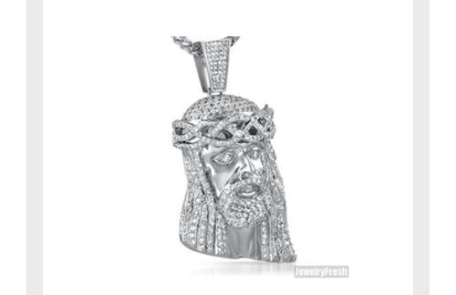 Customer photo review of Rhodium Simulated Diamond 3D Jesus Pendant