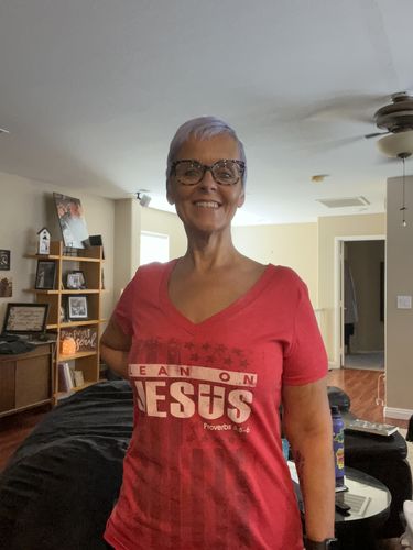 Customer photo review of Lean On Jesus Women's V-Neck