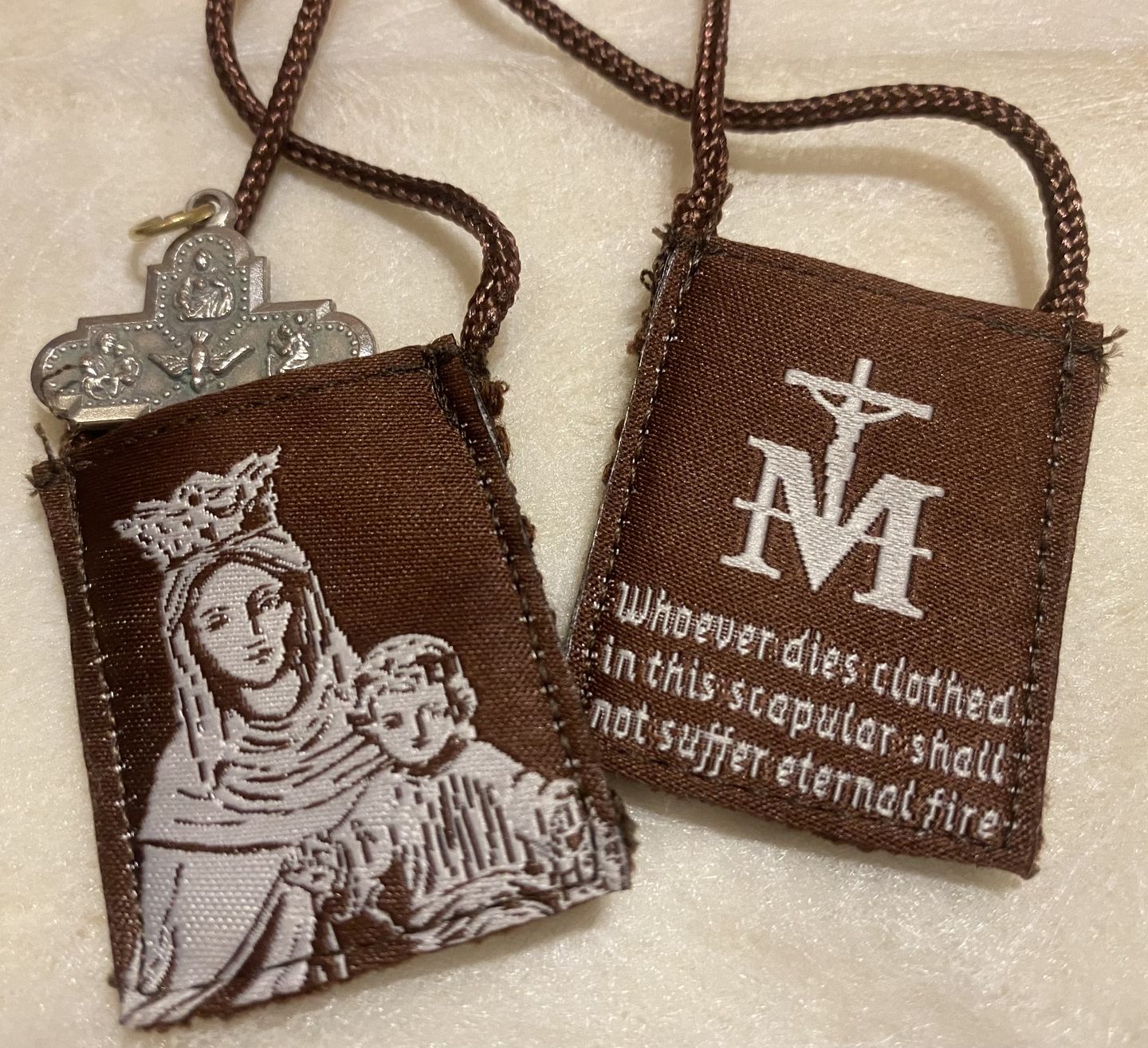 Customer photo review of Premium Brown Scapular, Brown & Cream, Our Lady of Mt. Carmel with Promise