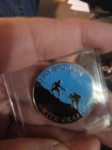 Customer photo review of To My Sponsor With Gratitude Men's AA/NA Recovery Medallion - Blue/Black