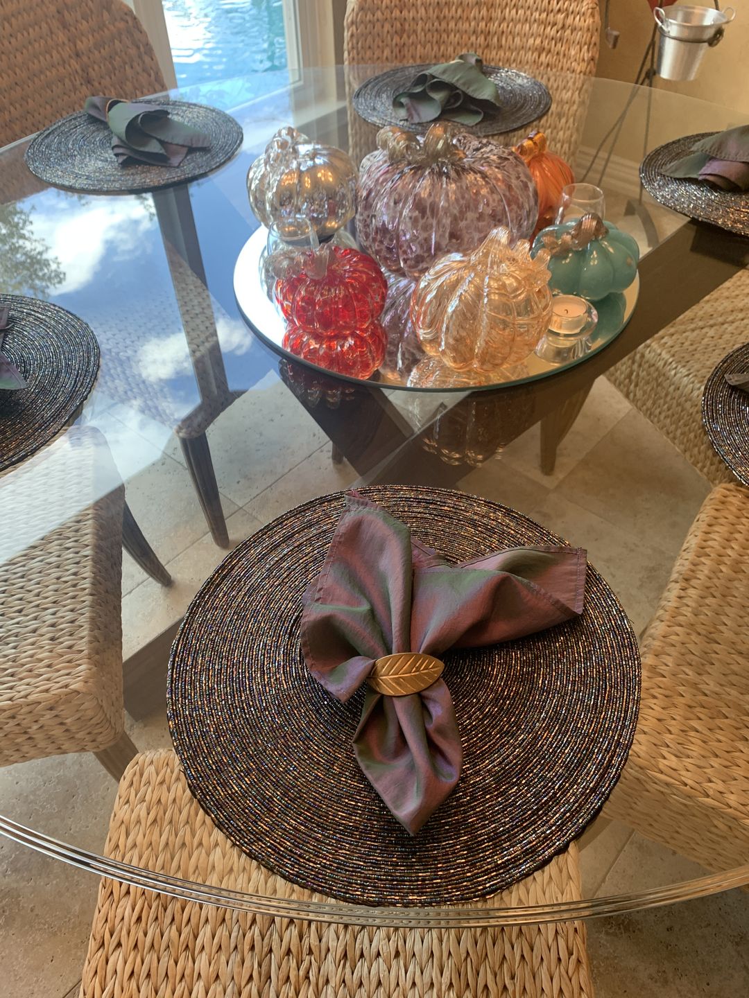 Customer photo review of Glass Beaded PlacematColor: PeacockSize: 14" RoundSet of 4