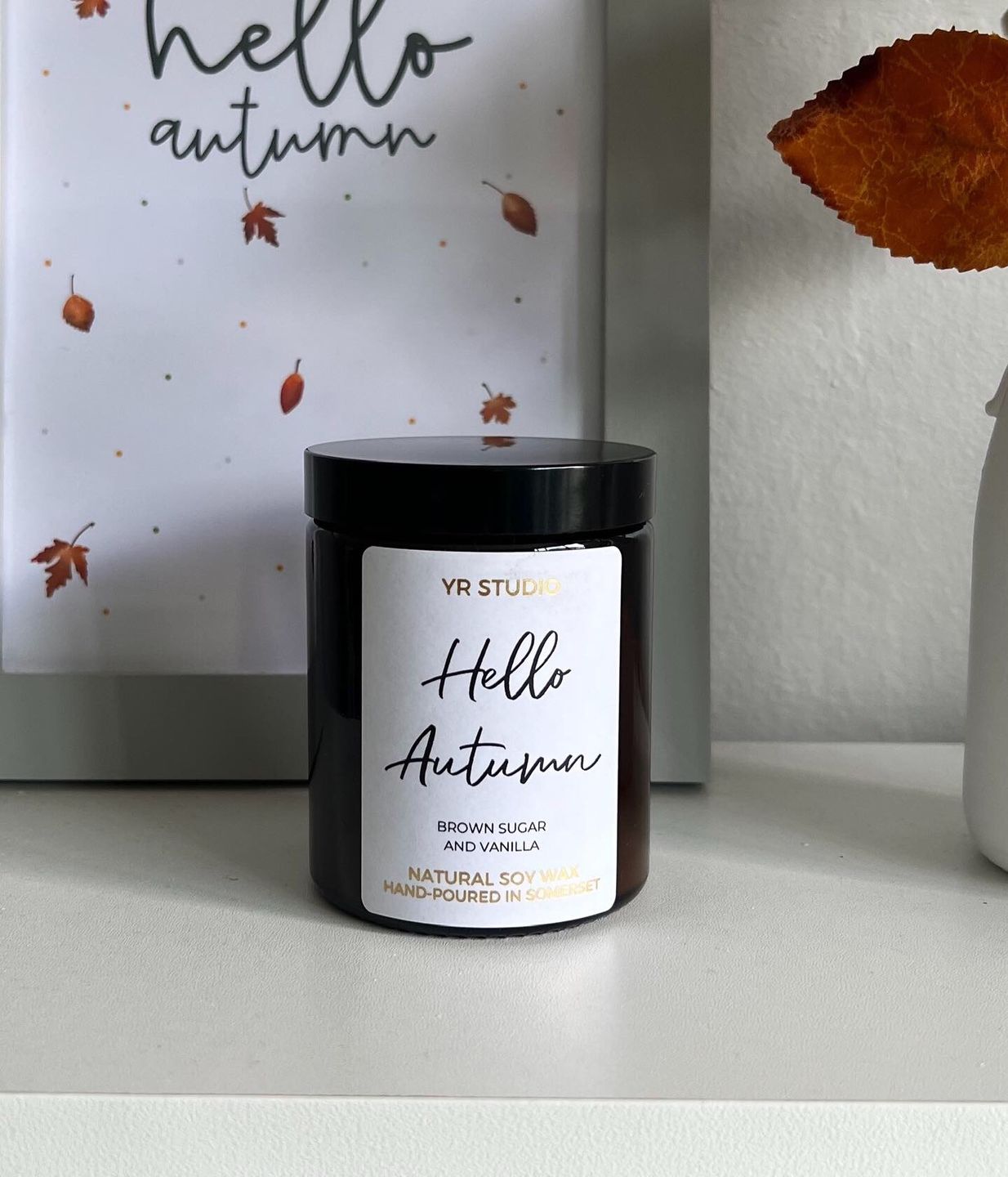 Customer photo review of "Hello Autumn" Brown Sugar and Vanilla Scented Soy Candle in Amber Jar
