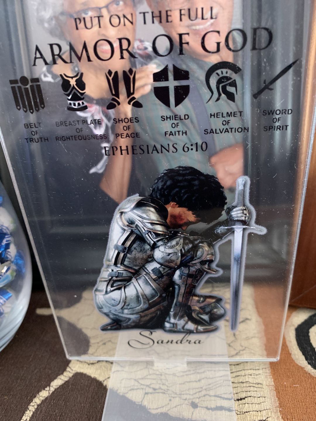 Customer photo review of Personalized Custom Name, Skin Tone And Hairstyles Woman Warrior Of God of God Put On The Full Armor of God Ephesians 6-10 Acrylic Plaque