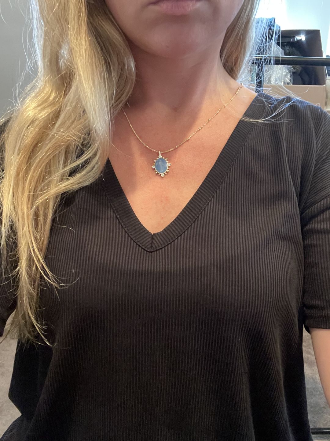 Customer photo review of Lady Lourdes Pendant in French Blue